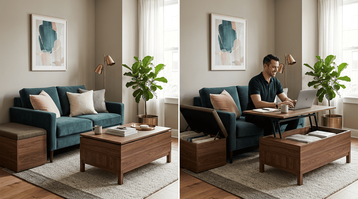 Before-and-after of a lift-top coffee table raised into a desk and a storage ottoman opened to reveal storage