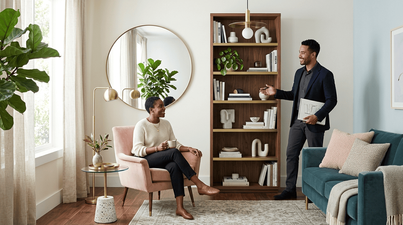 Small room made to feel larger with a big round mirror, tall bookcase, floating shelves, and leggy glass furniture