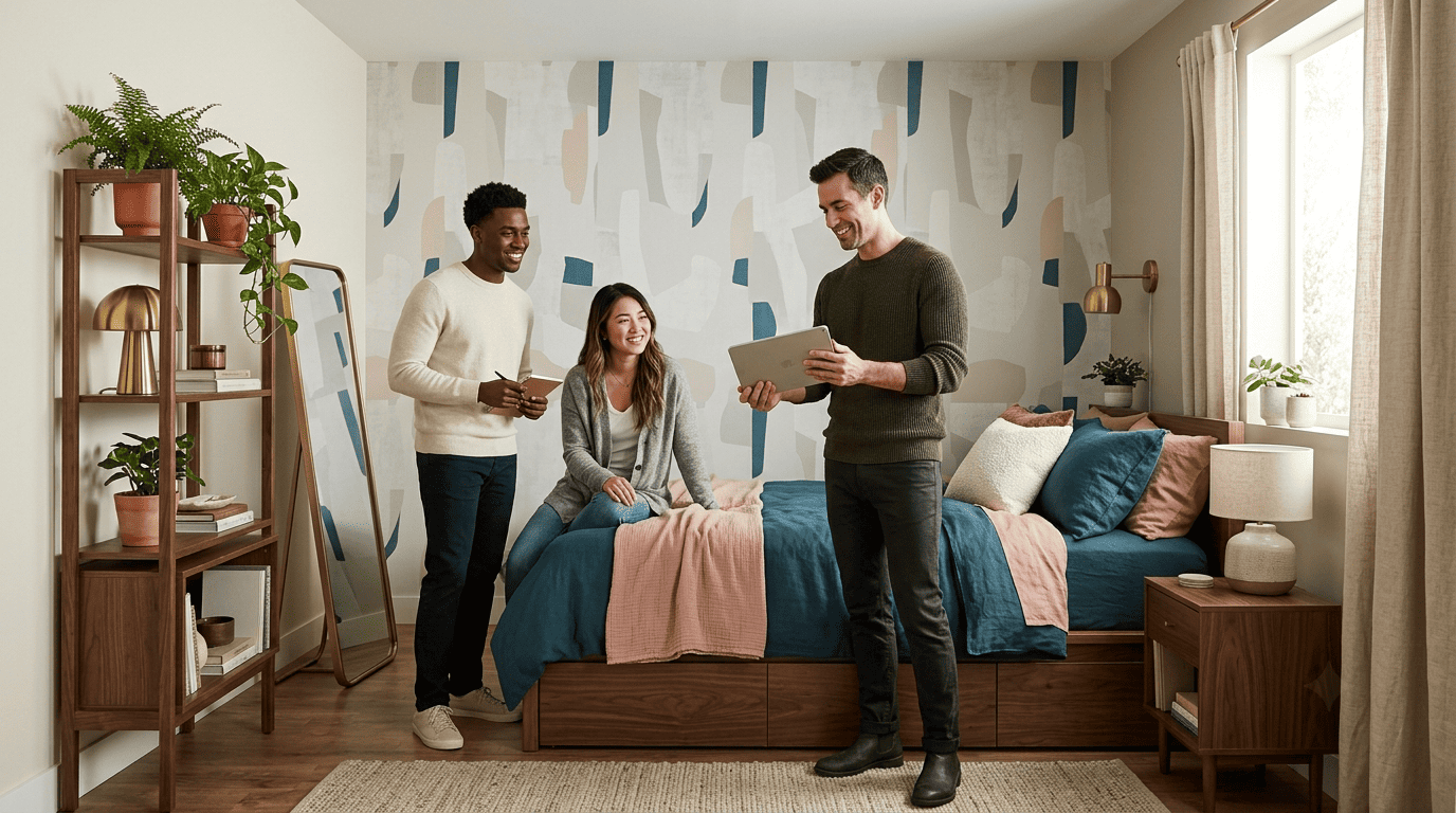 Small rental bedroom with a low platform storage bed, freestanding shelving, leaning mirror, and no-drill decor